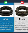 Comparison of Hella Tough Three Piece Rear Axle Shaft Seal Kit and Inner Outer Wheel Hub Bearing O Rings before and after use.
