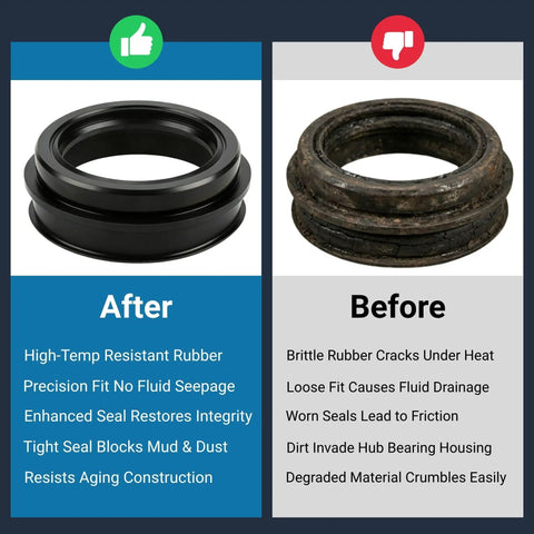 Comparison of Hella Tough Three Piece Rear Axle Shaft Seal Kit and Inner Outer Wheel Hub Bearing O Rings before and after use.