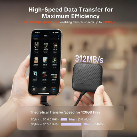 CreateMate Mini SD Card Reader Case With 6-Slot Storage And Ultra Fast 2-In-1 USB 3.1 Type-C Transfer connected to phone