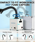 100W Solder Fume Extractor With 240m3h Suction, 3 Layer Filtration, showing flexible hose and measurement details on table