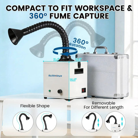 100W Solder Fume Extractor With 240m3h Suction, 3 Layer Filtration, showing flexible hose and measurement details on table