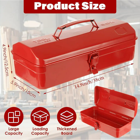 Red Small Metal Tool Box 15 Inch Portable Mini Tool Box With Hip Roof Style Heavy Duty Steel Construction And Corrosion Resistant Powder Coat Finish For Home Garage And On The Go Repairs, 15x6.3x5.1 in