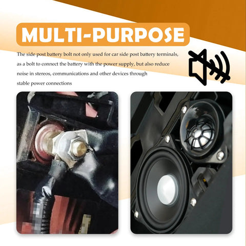 Heavy Duty 2 Pack Side Post Battery Terminal Extension Bolts With Nuts Featuring 3/8 Inch 16 Coarse And 3/8 Inch 24 Fine Threads installed on a car battery.