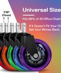 Original Roller Style Office Chair Wheels Set Of 5 Rainbow Casters for Hardwood Floors and Carpet displayed in various colors.