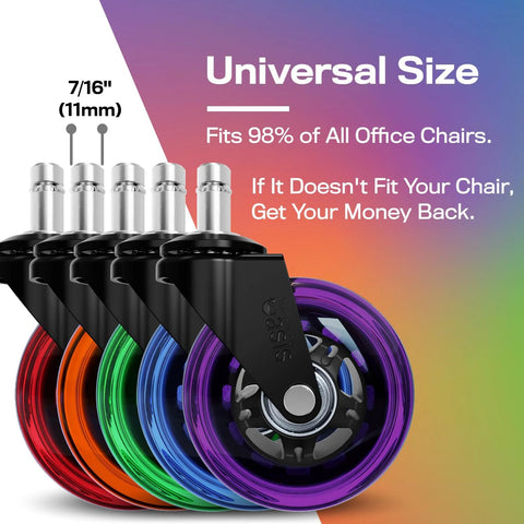 Original Roller Style Office Chair Wheels Set Of 5 Rainbow Casters for Hardwood Floors and Carpet displayed in various colors.
