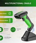 RD Series 2D QR Industrial Bluetooth Barcode Scanner with Charging Dock RD1950, shown with multifunctional cradle and features