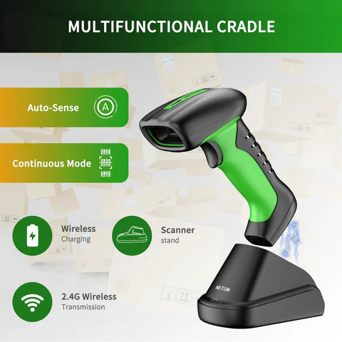 RD Series 2D QR Industrial Bluetooth Barcode Scanner with Charging Dock RD1950, shown with multifunctional cradle and features