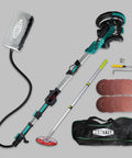 Electric Drywall Sander Kit With Integrated Vacuum Dust Collector And Telescoping Pole Sander Attachment laid out with accessories and sanding discs.