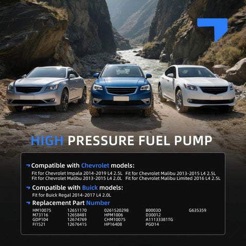 Three mid-size sedans in a rugged landscape with text: High Pressure Fuel Pump for Chevy Impala 2014 2019 Malibu 2013 2015