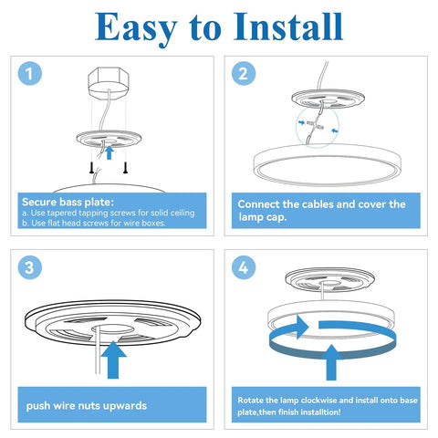 Installation steps for Sleek 3 Color Dimmable Flush Mount LED Ceiling Light With Remote 12 Inch 24W Black Ceiling Fixture