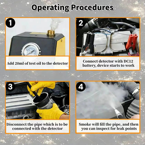 Operating procedures for Automotive Smoke Machine With Pump Gauge And Adjustable Flow Meter For EVAP Intake Exhaust EGR Cooling Crankcase And Vacuum Leak Testing Pro Grade Includes Accessories For Cars Motorcycles ATVs Snowmobiles And Off Road Vehicles