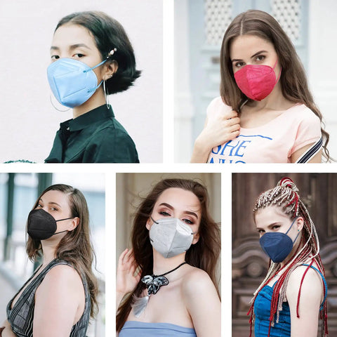 Adults wearing Morandi color KN95 masks from 60 Packs KN95 Face Masks For Adults, 5 Layer Safety Mask With 95 Percent Filtration