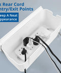 Open cable management box with power strip inside, showcasing 3 rear cord entry/exit points, part of Two Pack Cable Management Box Set