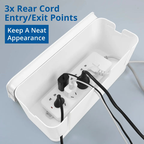 Open cable management box with power strip inside, showcasing 3 rear cord entry/exit points, part of Two Pack Cable Management Box Set