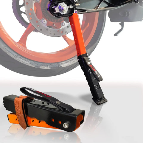 Portable Motorcycle Maintenance Stand With Adjustable Height Lift For Chain Cleaning And Lubrication next to motorcycle wheel
