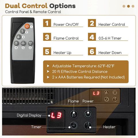 Electric Fireplace TV Stand For 65 Inch TVs With 23 Inch Insert showing remote and control panel options, brown modern media console