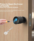 Two Pack Invisible Minimalist Door Lock With A Single Sided Black Handle on wooden door, showing screwdriver and key for emergency access