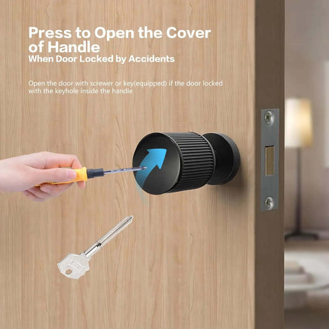 Two Pack Invisible Minimalist Door Lock With A Single Sided Black Handle on wooden door, showing screwdriver and key for emergency access