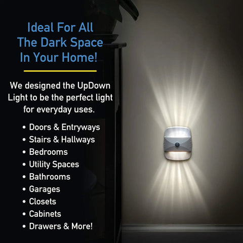 Wall-mounted UpDown Wireless Motion Sensing LED Light Auto On Battery Powered Accent Night Light White Finish illuminating a hallway