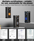 Cordless Tire Inflator Portable Air Compressor With Dual Power And 5400 mAh Battery, shown with certifications and digital gauge.