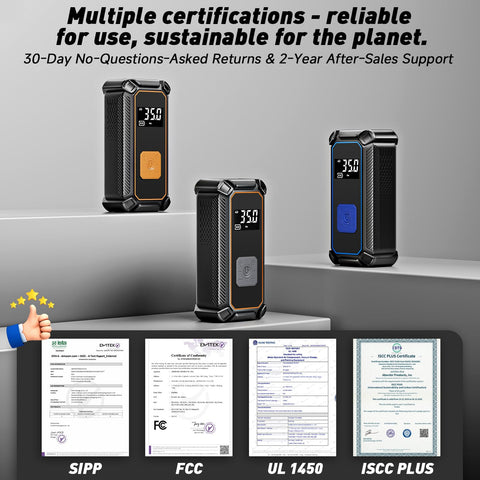 Cordless Tire Inflator Portable Air Compressor With Dual Power And 5400 mAh Battery, shown with certifications and digital gauge.