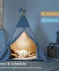 Child sleeping in a lit tent, illustrating the Dope RGB Color Changing WiFi Smart Light Bulbs 3 Pack 7W E26 A19 LED Bulbs For Alexa Google Home Siri. Timer displayed.