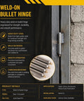 Heavy Duty Weld On Bullet Hinge In Tough As Nails Steel Build With Quick Grease Zerk Fittings For Serious Gate Hardware That Crushes Weight Load And Stays Rock Solid At Six Inches, showing hinge weld on metal frame.