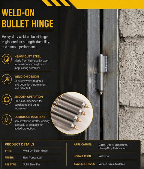 Heavy Duty Weld On Bullet Hinge In Tough As Nails Steel Build With Quick Grease Zerk Fittings For Serious Gate Hardware That Crushes Weight Load And Stays Rock Solid At Six Inches, showing hinge weld on metal frame.