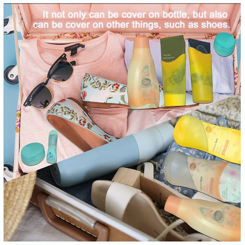 10 Pack Silicone Bottle Covers For Travel Essentials For Women And Men That Prevent Leaks In Luggage And Bags Fits Most Bottles 1.18 To 2.2 Inches Leakproof Travel Size Toiletries For Shampoo Conditioner Lotion Hairspray Beach Vacations And Cruises displayed in a suitcase with clothes and shoes.