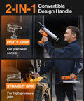 Person using Beefy 2-In-1 Electric Grease Gun With 10000 PSI Cordless Power in pistol and straight grip modes on machinery.