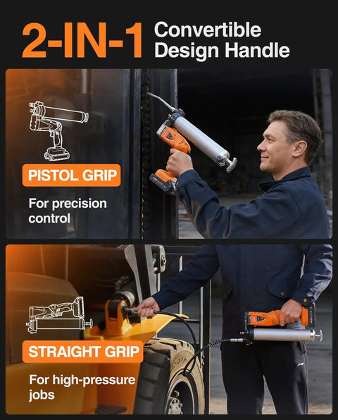 Person using Beefy 2-In-1 Electric Grease Gun With 10000 PSI Cordless Power in pistol and straight grip modes on machinery.