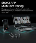 Image of Open Ear Bone Conduction Headset For Work Calls And Meetings Wireless Bluetooth Headphones in front of a laptop showing a video call.