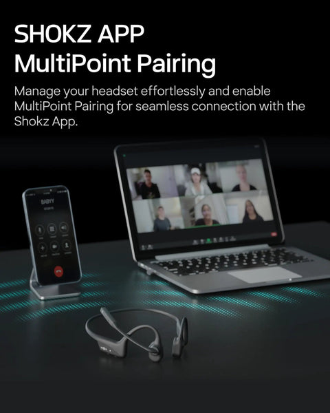 Image of Open Ear Bone Conduction Headset For Work Calls And Meetings Wireless Bluetooth Headphones in front of a laptop showing a video call.