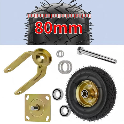 Heavy Duty Swivel Casters Kit With 10 Inch Rubber Tread Wheels for workbenches, carts; showing 80mm hardware components