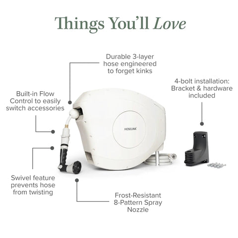 Image of Beige 100 Foot Automatic Retractable Garden Hose Reel With One Half Inch UV Stabilized Kink Free Hose Wall Mounted Setup showing features.