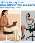Woman seated on black chair with Donut Pillow Seat Cushion With Cooling Gel And Memory Foam Comfy Office And Home Chair Cushion For Tailbone Pain Relief Hemorrhoids And Back Soreness Car Seat Ready Black beside woman using cushion.