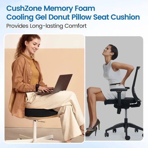 Woman seated on black chair with Donut Pillow Seat Cushion With Cooling Gel And Memory Foam Comfy Office And Home Chair Cushion For Tailbone Pain Relief Hemorrhoids And Back Soreness Car Seat Ready Black beside woman using cushion.