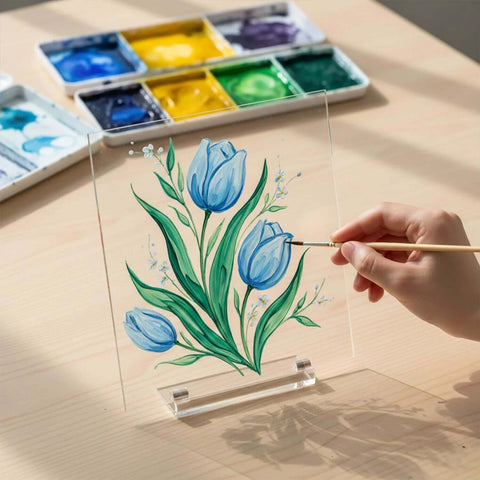 PlexiPro clear acrylic sheet, 12x24 in, 1/4 in (3 mm) thick, pack of 2; being painted with blue tulips.