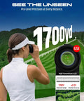 Woman using Golf Rangefinder With Slope And Magnetic Stripe, Locks On Cart Bar for Quick Pin Lock, 1700 Yard Laser, 6.5X Magnification.