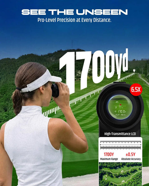 Woman using Golf Rangefinder With Slope And Magnetic Stripe, Locks On Cart Bar for Quick Pin Lock, 1700 Yard Laser, 6.5X Magnification.