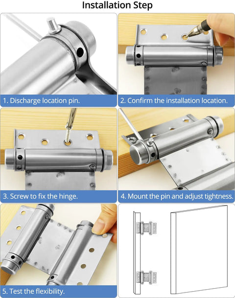Installation steps for Built Tough Heavy Duty Cafe Saloon Door Swing Hinges 5 Inch Stainless Steel Self Closing Double Action 4 Pack