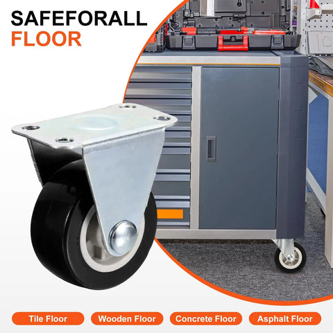 Built Like A Tank Rigid Caster Wheels 8 Pack 1.5 Inch Black Pvc Fixed Base Plates showing close-up of puckered wheel with steel plate.