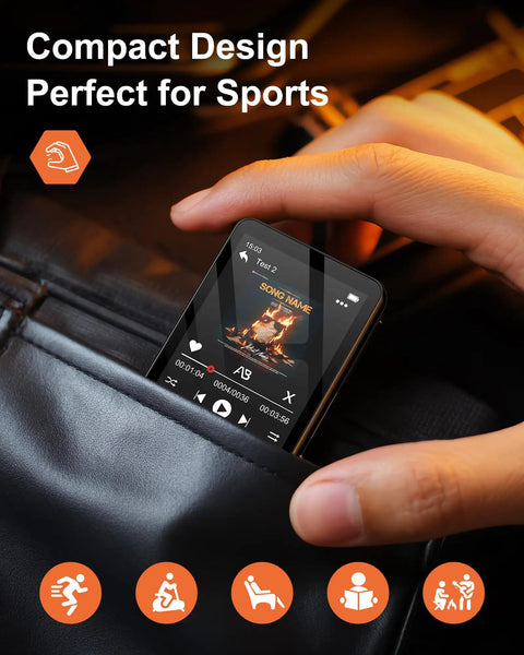 Hand holding 128GB Bluetooth 5.4 MP3 Player With Built In HD Speaker FM Radio Voice Recorder HiFi Sound E Book microSD expandable