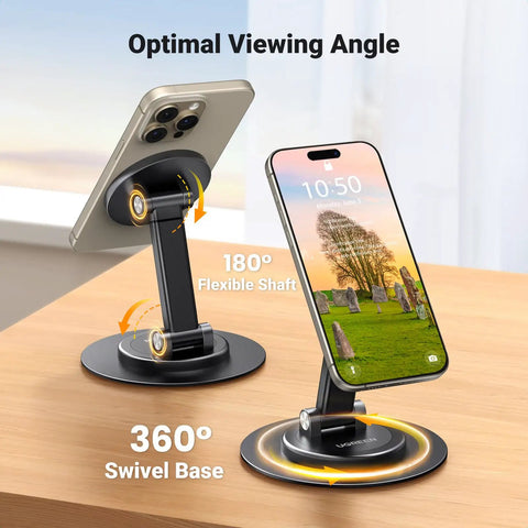 Magnetic MagSafe Phone Stand For Desk with 360 degree rotation and height adjustable design holding two iPhones on a desk.