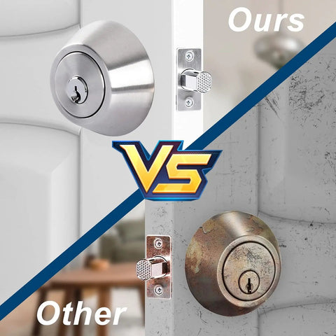 Comparison of a Double Keyed Deadbolt Lock With Keyed On Both Sides And Two Way Adjustable Cylinder, Satin Stainless Steel, with an older lock