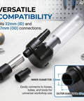 Heavy Duty Plastic Cyclone Dust Separator With Adapter For Vacuum Systems showing 32mm inner and 27mm outer connectors for easy attachment.