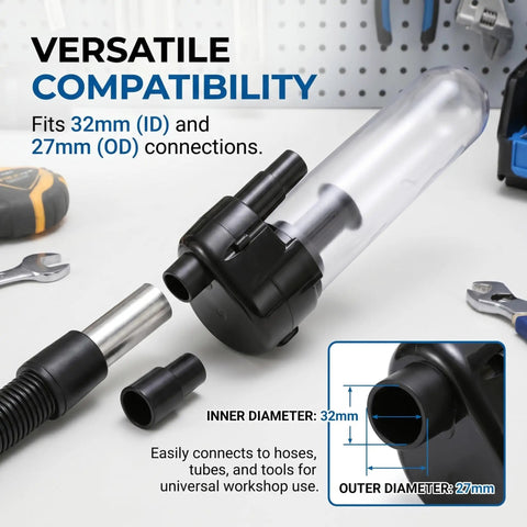 Heavy Duty Plastic Cyclone Dust Separator With Adapter For Vacuum Systems showing 32mm inner and 27mm outer connectors for easy attachment.