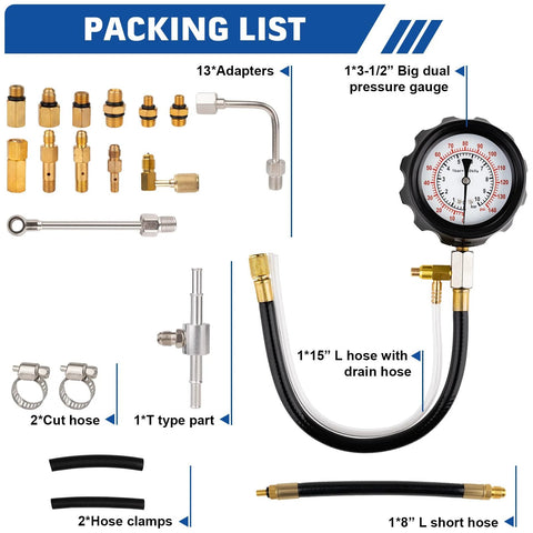 Jiimee 0-140 PSI fuel pressure tester kit with gauge, 13 adapters and hoses for diesel engines
