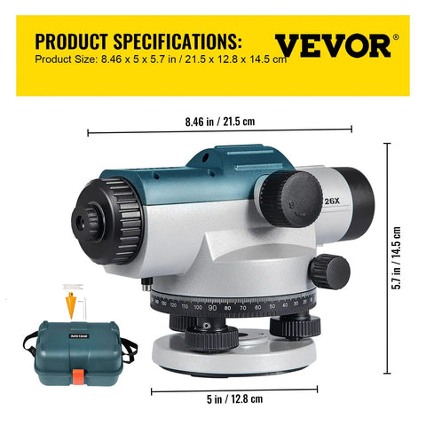 Super Precise 26X Automatic Transit Level Kit with 40mm lens showing measurements and protective case