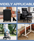 Silicone Luggage Wheel Covers 8 Pack Noise Reducing Shock Absorbing Wheel Protectors showing usage on suitcase, chair, cart.